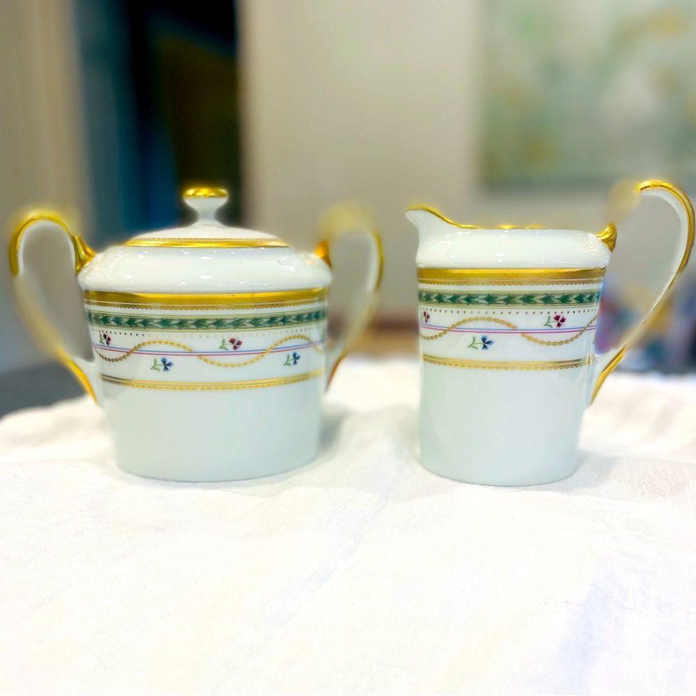 RARE Faberge Luxembourg Limoges China Sugar & Creamer Set. Green Floral. Unused